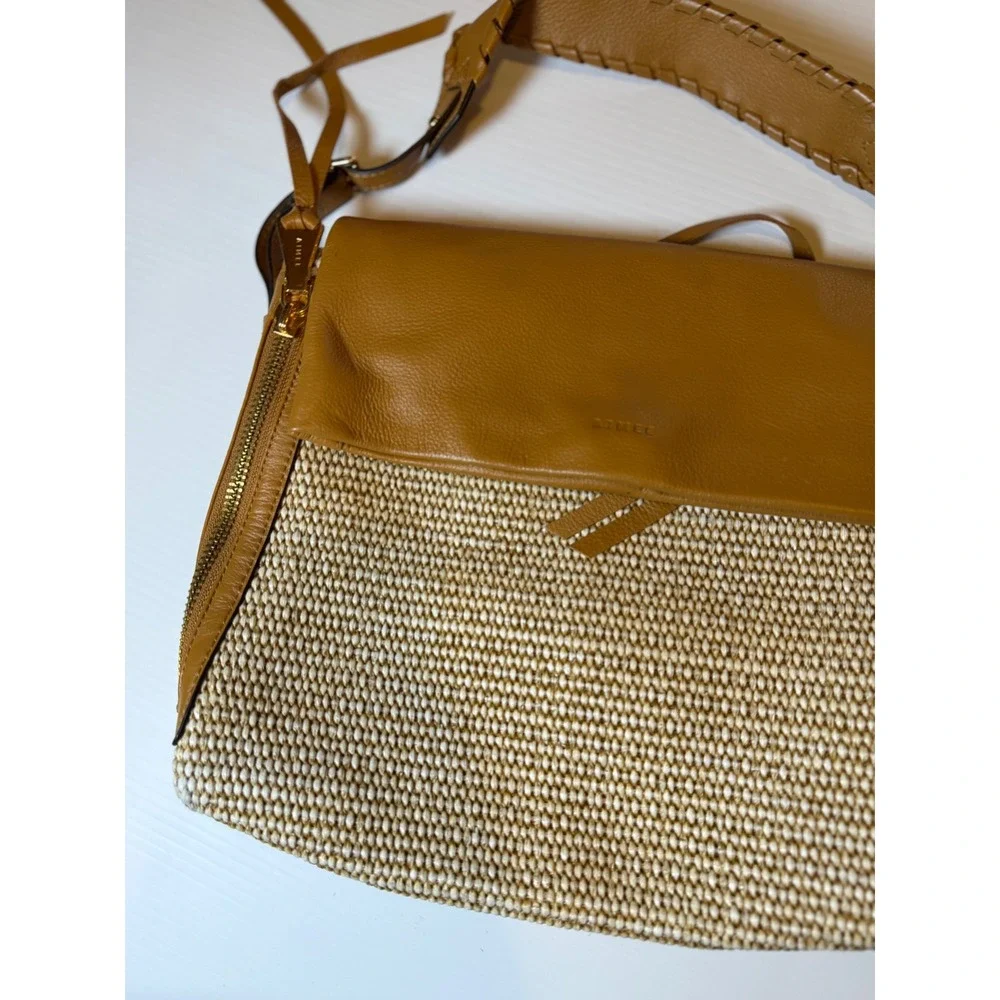 Aimee Kestenberg Bali Double Entry Leather Hobo Bag Raffia Latte Tan Brown OS